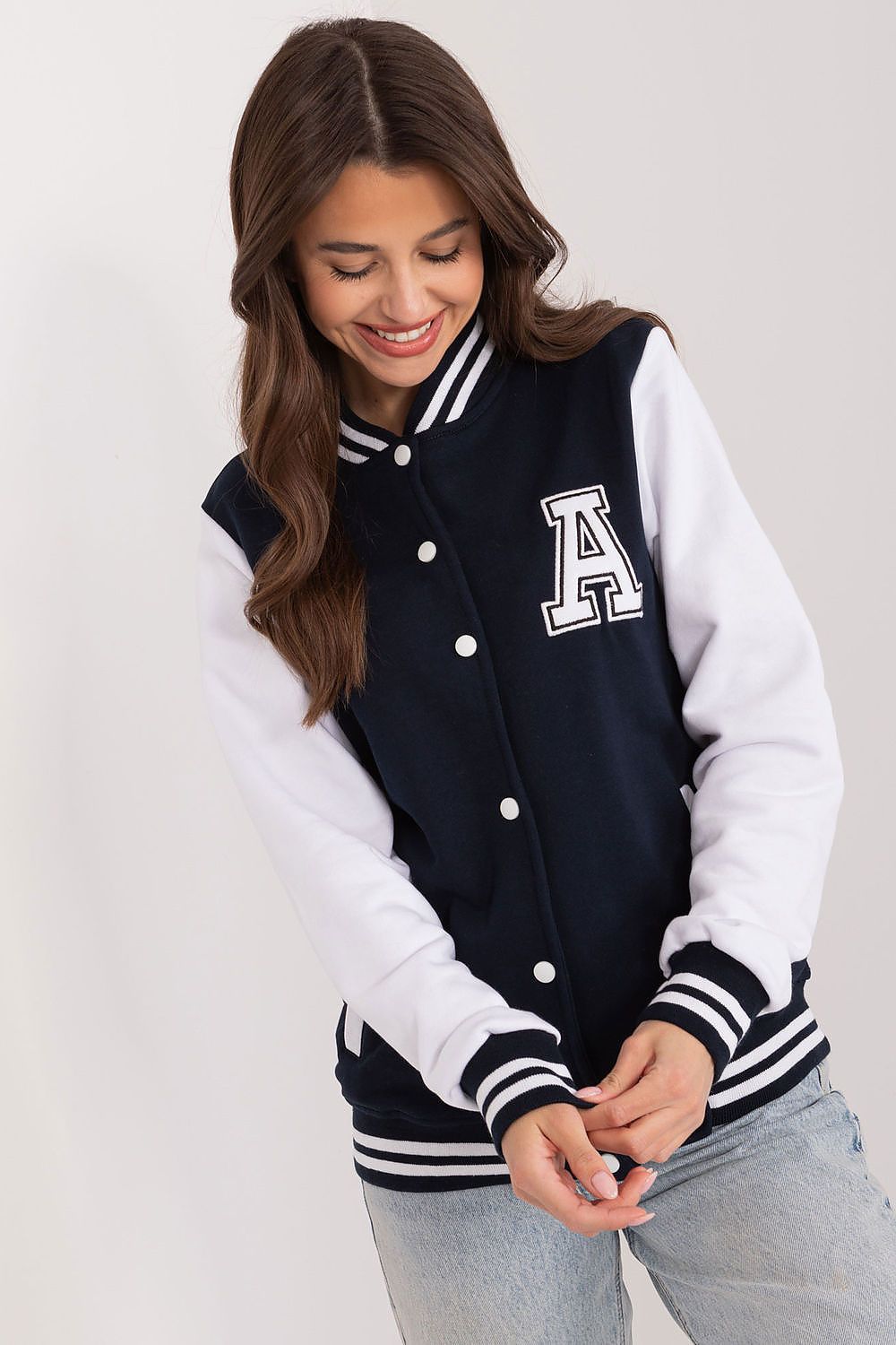 Luxurious women's cotton sports sweatshirt by Relevance featuring snap button closure and stylish ribbed stripes for an elegant activewear look.