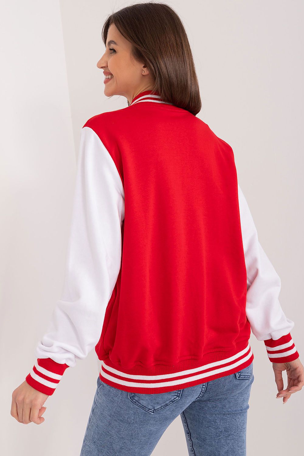 Elegant women’s cotton sports sweatshirt by Relevance featuring snap button closure and ribbed stripes, perfect for adding a touch of luxury to activewear.