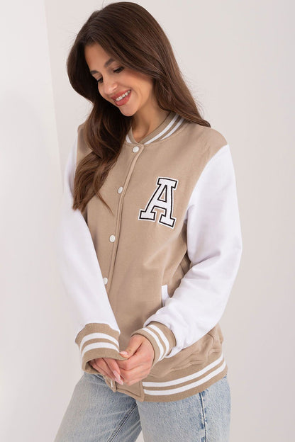 Stylish women's cotton sports sweatshirt by Relevance with a stand-up collar and contrasting ribbed stripes, ideal for dynamic and fashionable outfits.