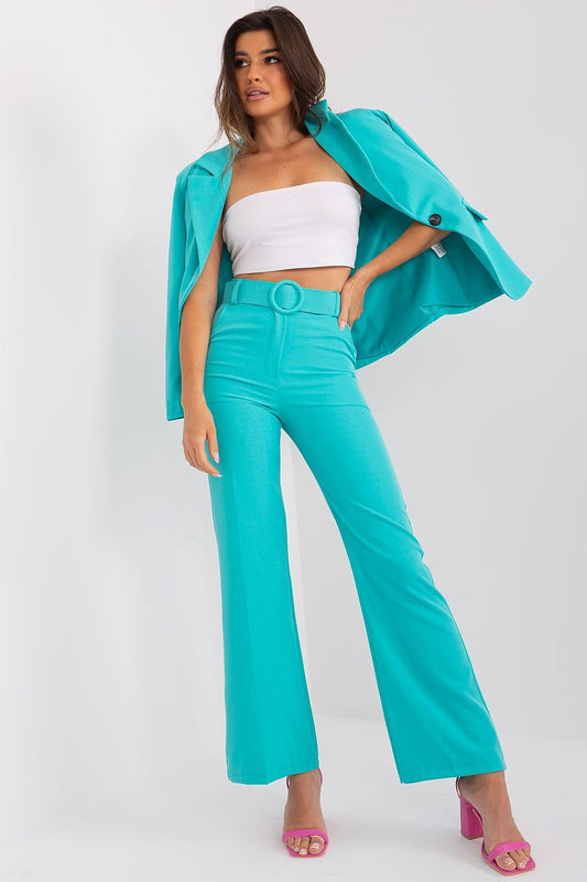 Elegant high-rise flared trousers for women by Italy Moda, crafted from luxurious polyester with a shiny finish, featuring a belt and practical slip pockets, perfect for professional settings.