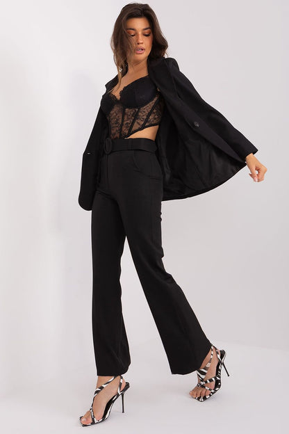 Model wearing Italy Moda high-rise flared trousers, demonstrating elegance and versatility suitable for formal occasions and business meetings.