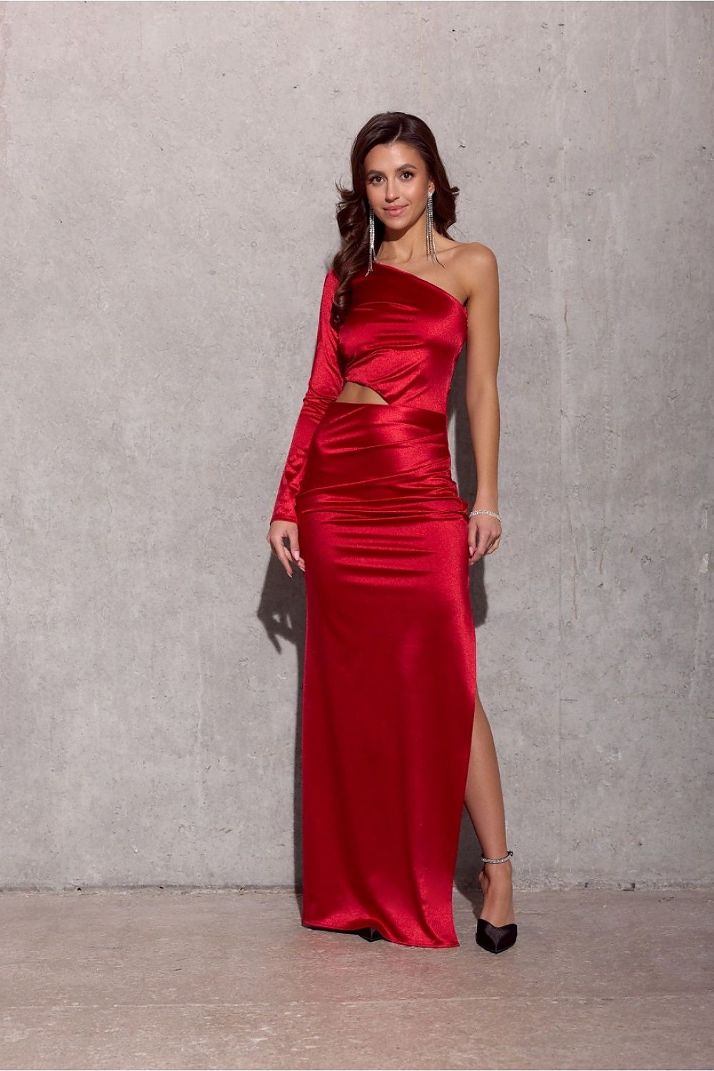 Elegant maxi satin dress by Roco Fashion, showcasing a unique neckline design, perfect for special occasions.