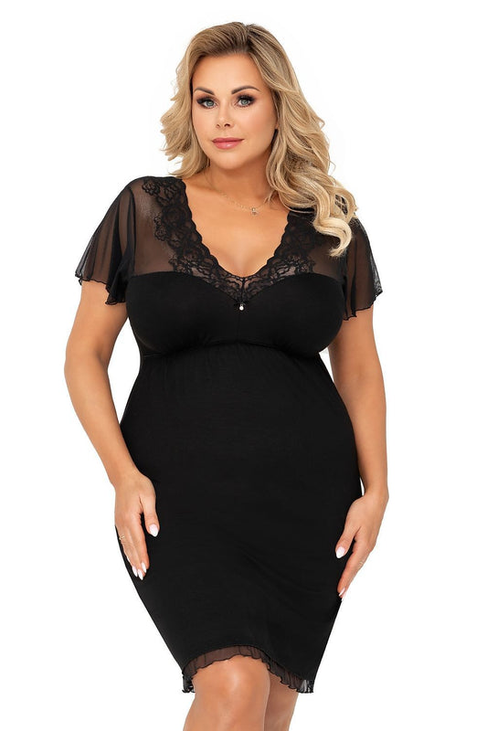 Beautiful Ivana Plus Nightshirt with Tulle Sleeves and Lace Neckline by Donna - Front view of a plus-size model wearing the luxurious black viscose chemise, featuring exquisite lace detailing and a flattering fit.