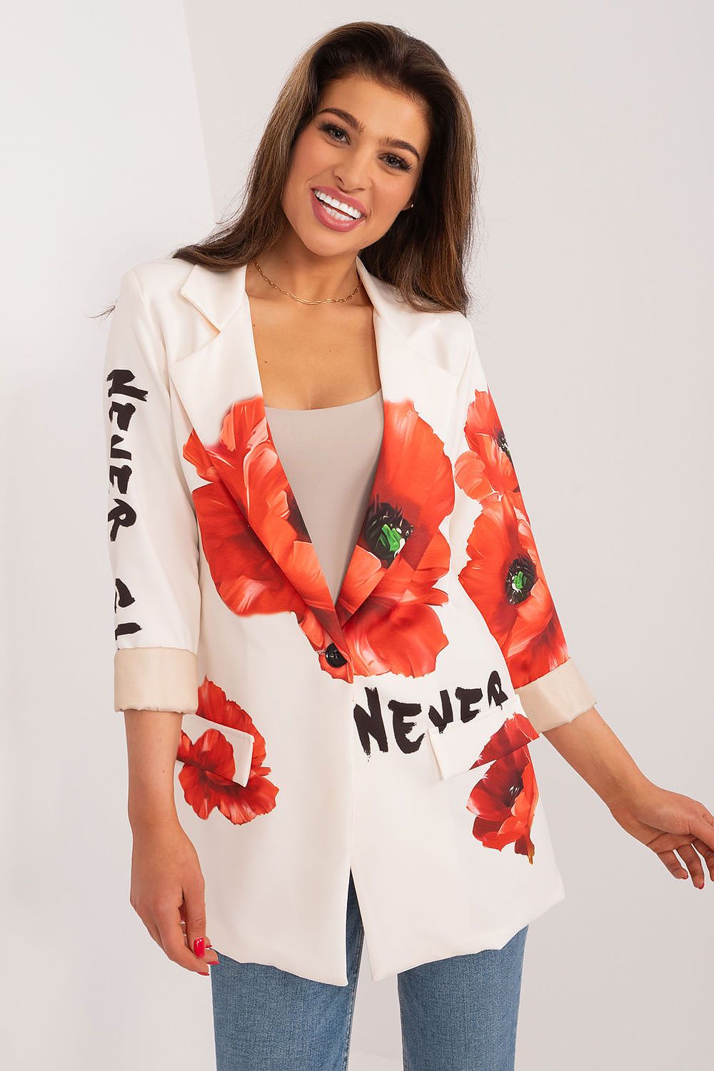Luxurious floral print women's jacket by Italy Moda, featuring a stylish design ideal for spring and summer, showcasing elegance and versatility for various occasions.