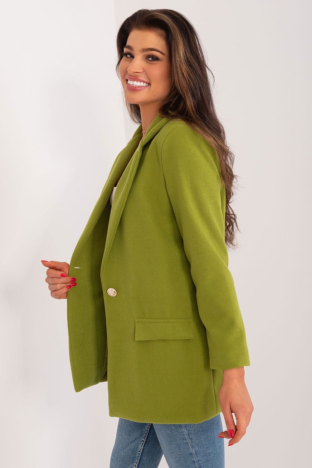 Elegant women's polyester blazer by Italy Moda, showcasing a classic single-breasted design, perfect for formal and business occasions.