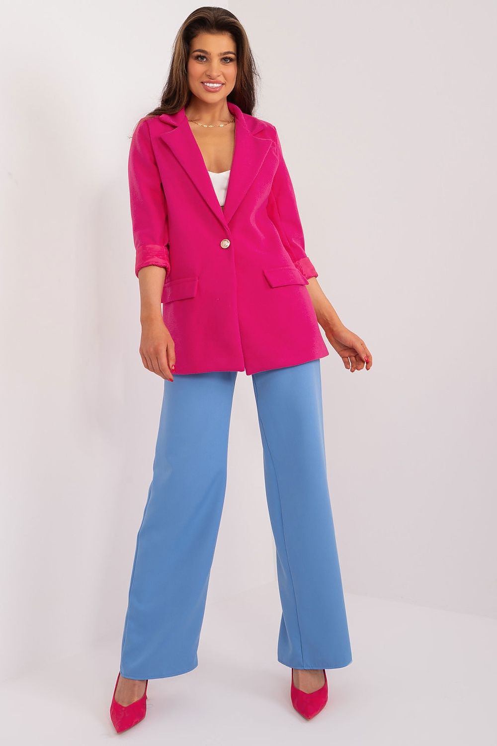 Italy Moda's Classic Blazer for Women, highlighting the smooth polyester fabric and timeless silhouette.
