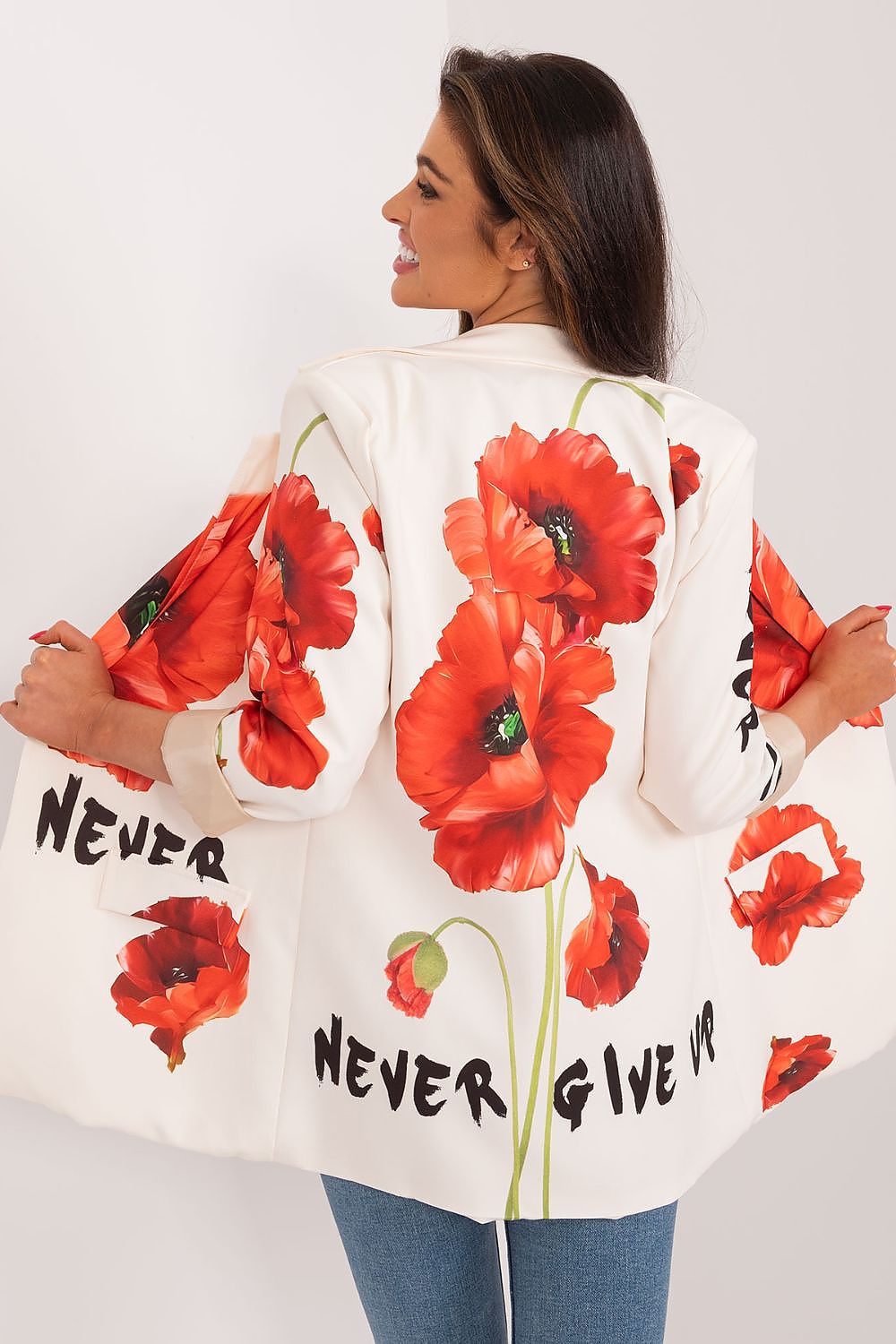 Luxurious women's floral jacket by Italy Moda, designed with a vibrant pattern and comfortable polyester blend, ideal for both chic outings and casual wear.