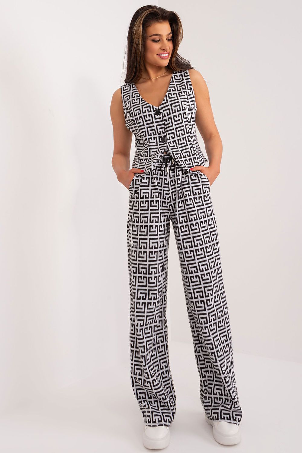 Luxury women's casual trousers by Lakerta featuring a stylish tie waist and modern geometric pattern, crafted from a comfortable cotton blend for elegant everyday wear.