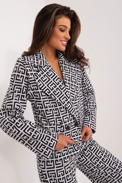 Lakerta Elegant Women's Jacket featuring a sophisticated double-breasted design with a striking geometric motif, perfect for formal and business occasions.