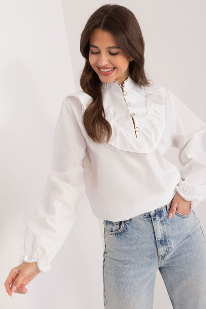 Elegant Lakerta blouse featuring a stand-up collar, puff sleeves, and decorative ruffle, crafted from 100% premium cotton, perfect for sophisticated women's workwear and business meetings.