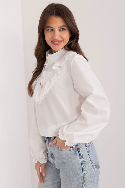 Elegant Lakerta blouse featuring a stand-up collar and puff sleeves, showcasing decorative ruffles for a luxurious touch.