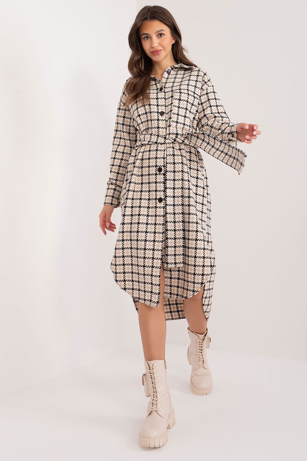Asymmetrical Midi Cotton Shirt Dress by Lakerta featuring long sleeves, a stylish tie belt, and a subtle check pattern for elegant casual wear.