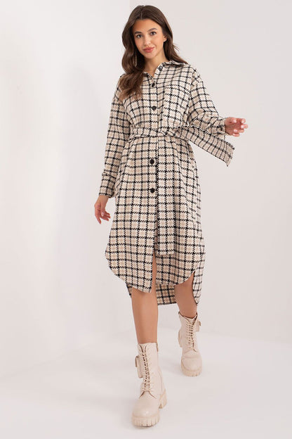 Asymmetrical Midi Cotton Shirt Dress by Lakerta featuring long sleeves, a stylish tie belt, and a subtle check pattern for elegant casual wear.
