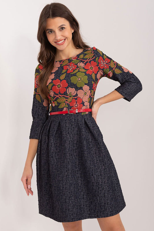 Elegant Floral Embroidered Flared Cotton Daydress by Lakerta featuring delicate floral embroidery and a flattering buckled belt, perfect for any occasion.