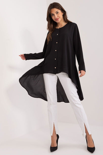 Elegant long sleeve Lakerta shirt crafted from a luxurious cotton blend, featuring an asymmetrical hem and stylish button closure, ideal for versatile and sophisticated women's attire.