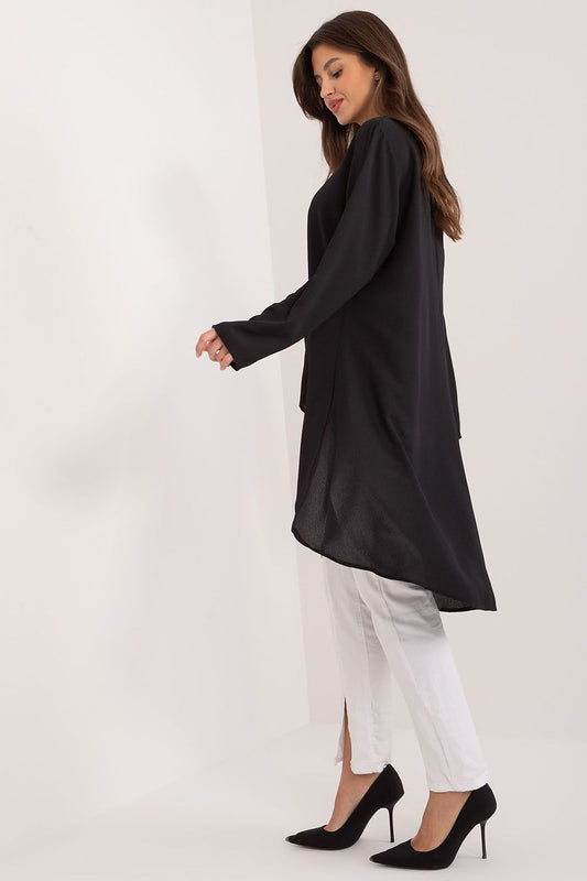 Elegant long sleeve Lakerta cotton blend shirt with asymmetrical hem, featuring a refined button closure, perfect for both casual and formal occasions.