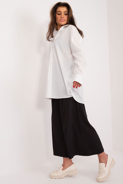 Chic Lakerta Women's Long Sleeve Casual Shirt showcasing a modern design with decorative ribbing details, crafted for comfort and versatility in casual and work settings.