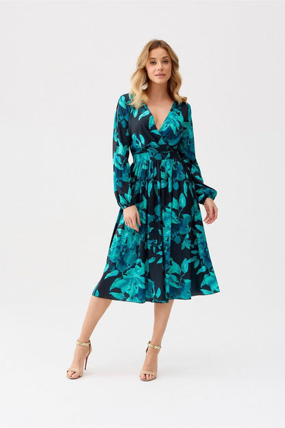 Sophisticated V neckline and flared design of Roco Fashion's Grace dress, ideal for weddings and special events.