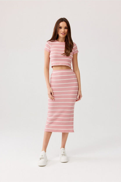 Sophisticated Livya Knitted Midi Skirt by Roco Fashion showcased with delicate heeled sandals and subtle jewelry for a fashionable look.
