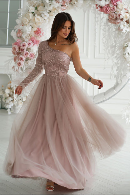 Graceful one shoulder prom dress by Bicotone, twirling in soft pink mesh layers, accented with exquisite lace detailing for a timeless, sophisticated look.