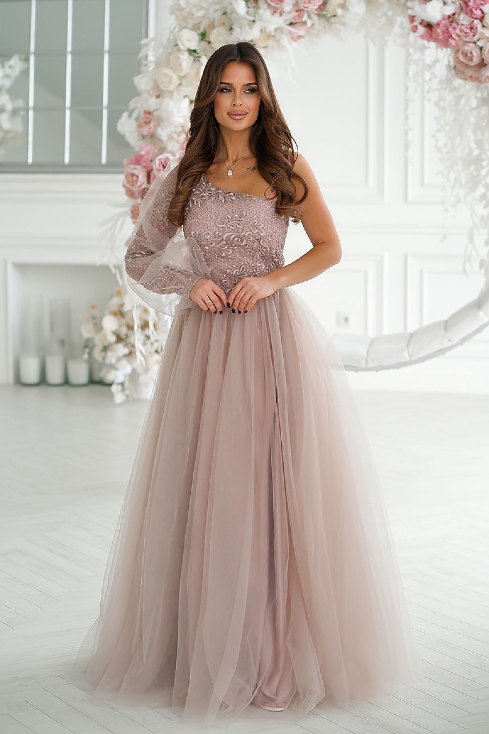 Regal one shoulder prom dress by Bicotone, featuring luxurious floral lace embellishments on the bodice and a flowing pink skirt, perfect for special occasions.