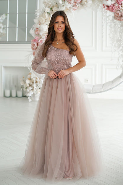 Regal one shoulder prom dress by Bicotone, featuring luxurious floral lace embellishments on the bodice and a flowing pink skirt, perfect for special occasions.