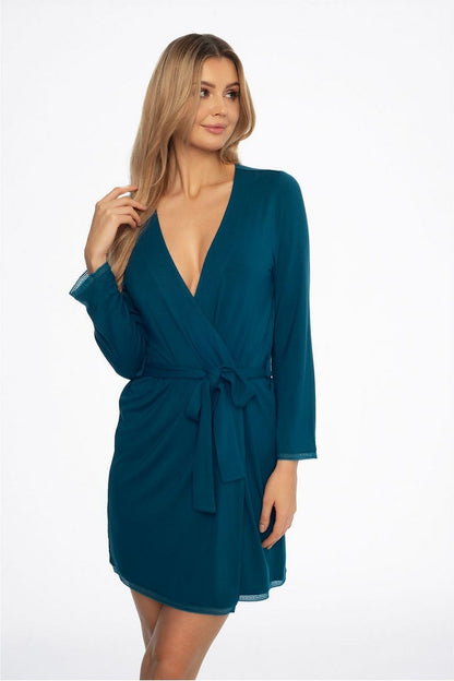 Elegant Henderson Alena lightweight women's bathrobe in deep sea colour, featuring a flattering mid-thigh length, soft knitted fabric, and stylish long belt at the waist, perfect for luxurious summer evenings.