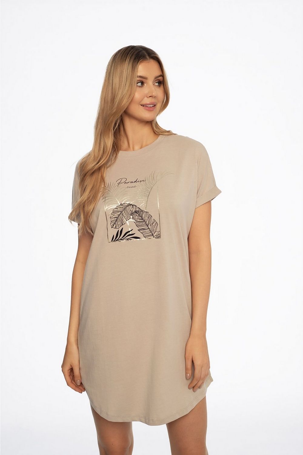 Elegant beige nightgown by Henderson featuring a chic gold leaf print, designed for ultimate comfort and style.