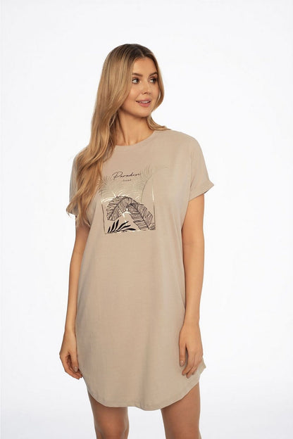 Elegant beige nightgown by Henderson featuring a chic gold leaf print, designed for ultimate comfort and style.