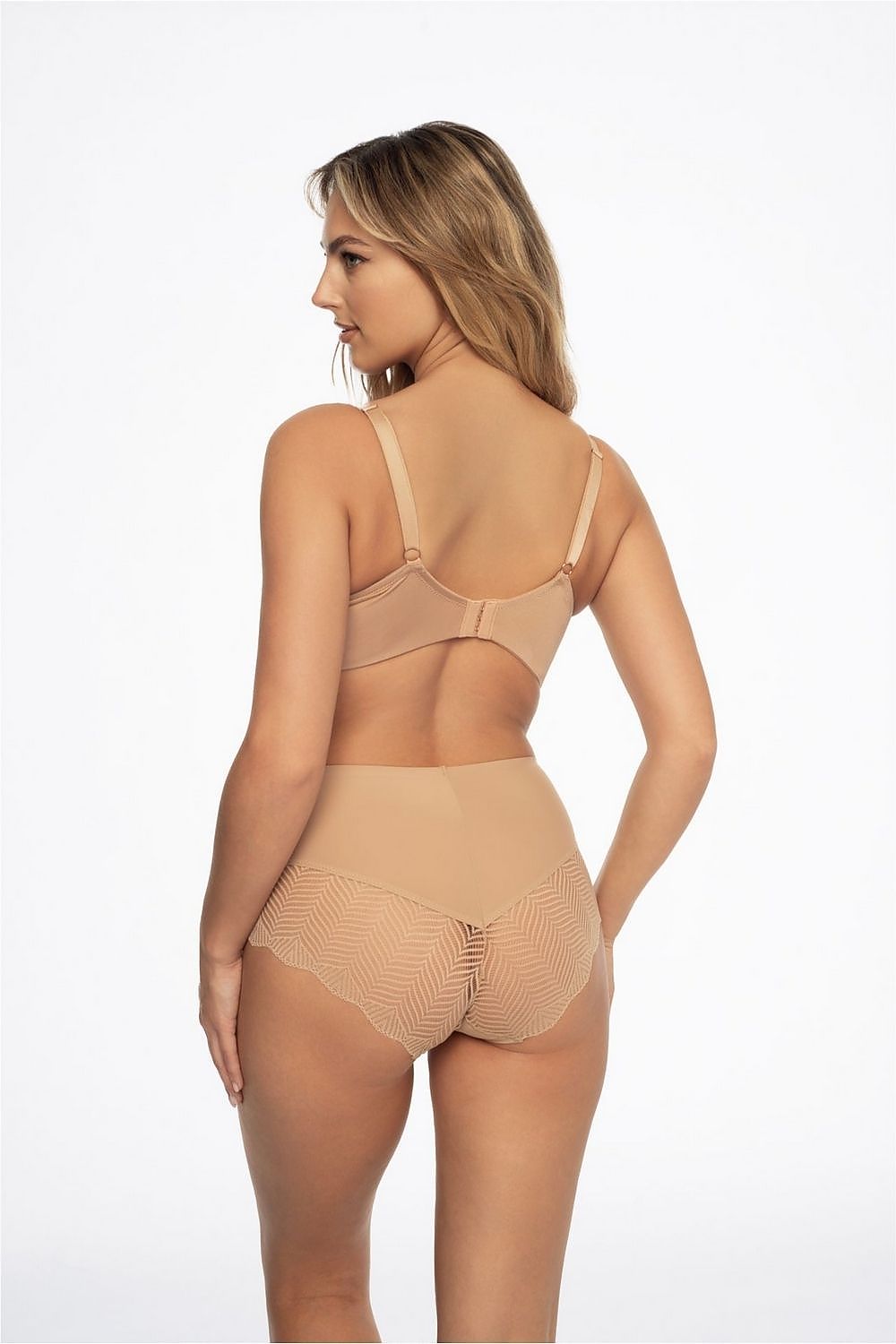 Elegantly styled model showcasing Henderson's Passy Classic Cut Beige Midi-Bikini Briefs from the 2 Pack, highlighting luxurious comfort and intricate lace detailing at the back.