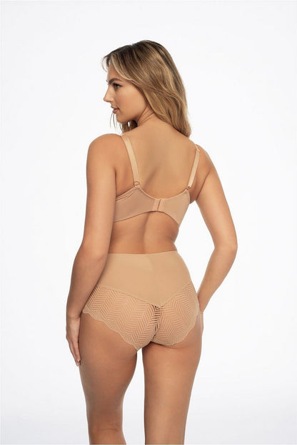 Elegantly styled model showcasing Henderson's Passy Classic Cut Beige Midi-Bikini Briefs from the 2 Pack, highlighting luxurious comfort and intricate lace detailing at the back.