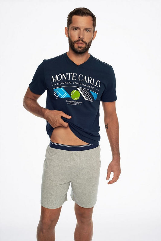 Luxury Henderson men's pyjamas set featuring a breathable 100% cotton navy t-shirt with Monte Carlo design and soft grey viscose shorts, ideal for ultimate comfort.