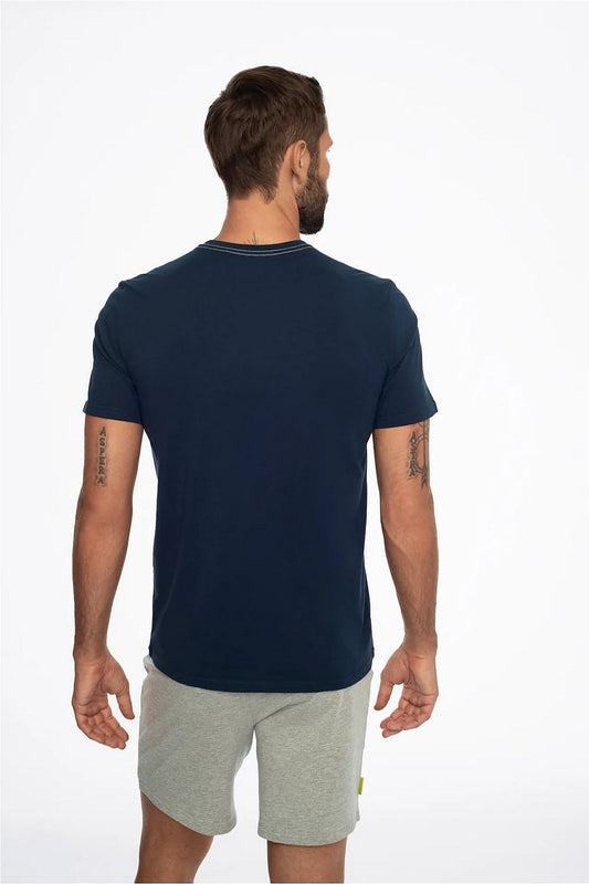 Sophisticated view of Henderson men's pyjamas set, showcasing the elegant navy t-shirt and grey shorts from the back, perfect for stylish relaxation.