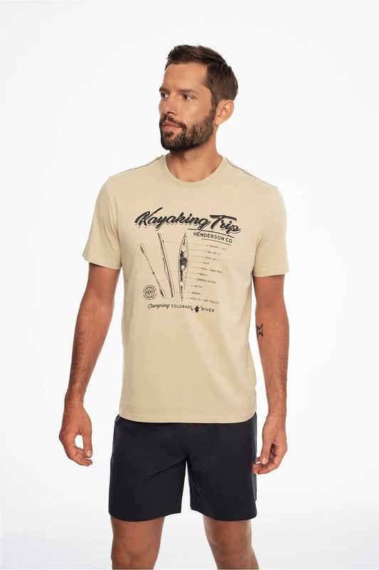 Henderson cotton pajama set featuring a sporty beige T-shirt with a kayaking design, paired with black shorts, ideal for leisurely nights.