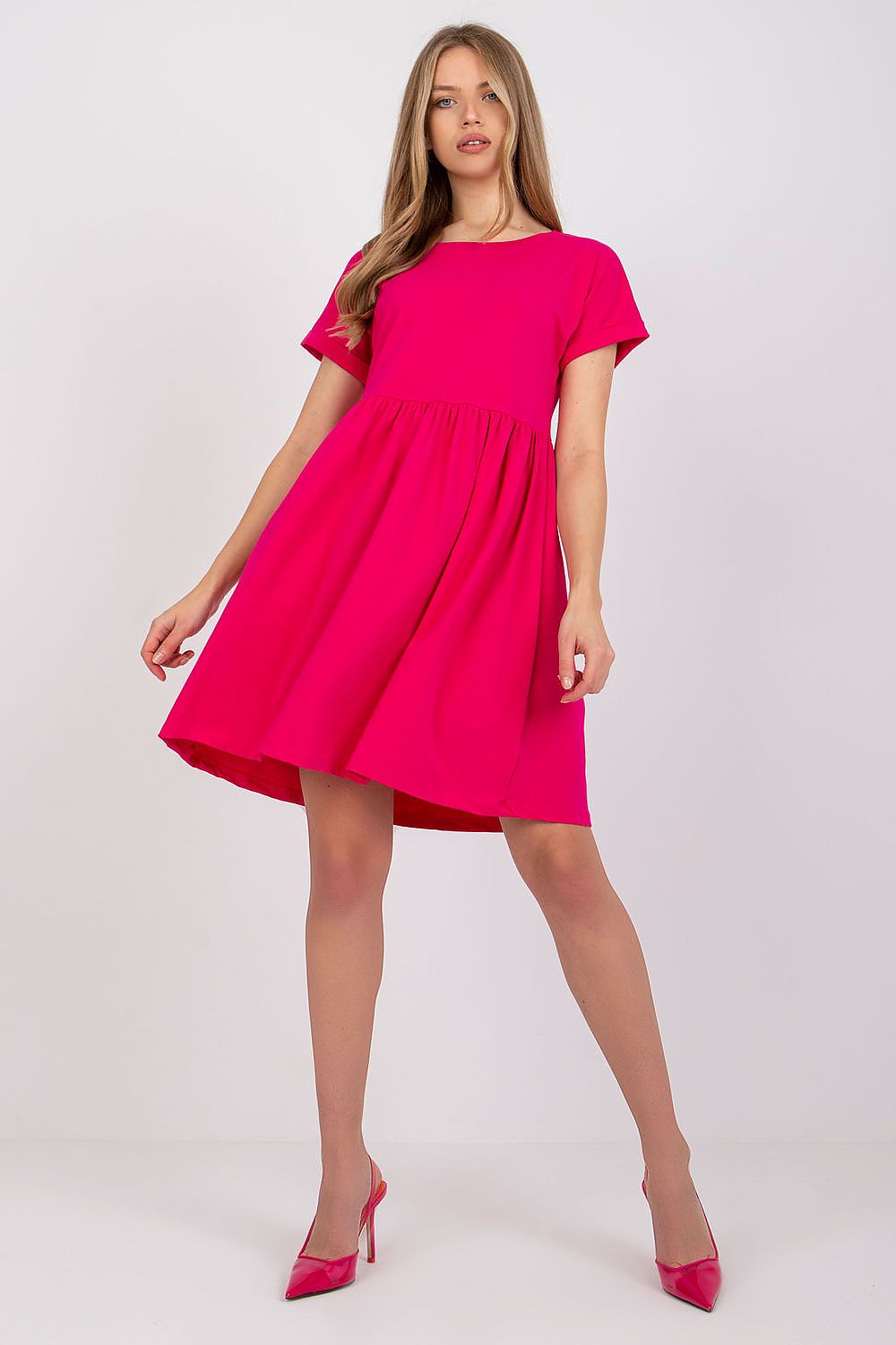 Rue Paris flared cotton dress in vibrant pink, featuring short sleeves and a stylish round neckline, ideal for elevated everyday chic.