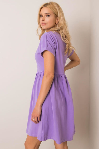 A stylish light purple flared cotton dress from Rue Paris, featuring short sleeves and a flared design, ideal for a sophisticated casual look.