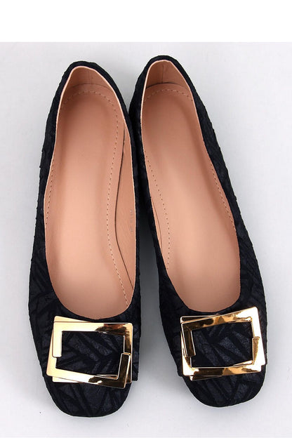 Elegant women's square toe ballet flats by Inello, featuring a stylish gold buckle and a distinctive fabric pattern, ideal for chic and fashionable outfits.