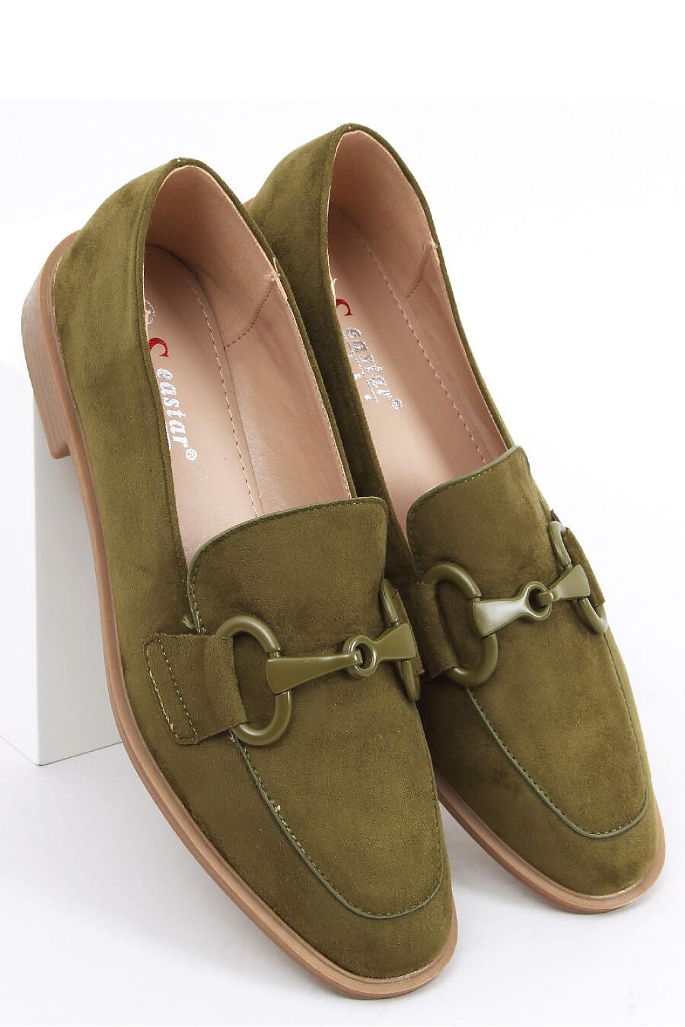 Elegant women's classic moccasins in lush ecological suede with stylish front decoration by Inello, featured in a sophisticated olive green shade.