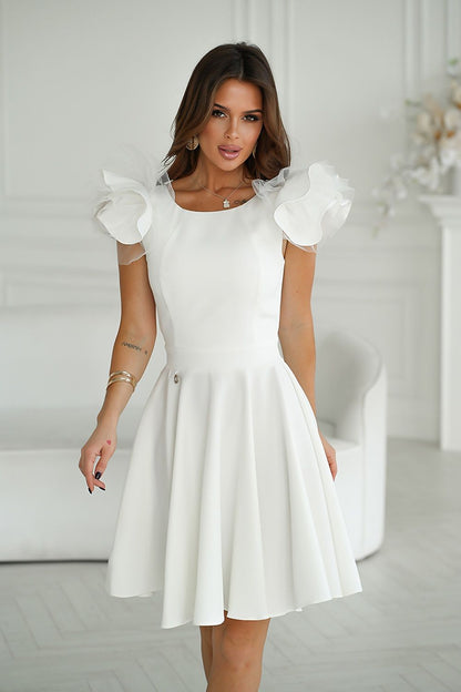 Sophisticated Bicotone white cocktail dress with luxurious shoulder ruffles, designed for high-end gatherings and celebrations.