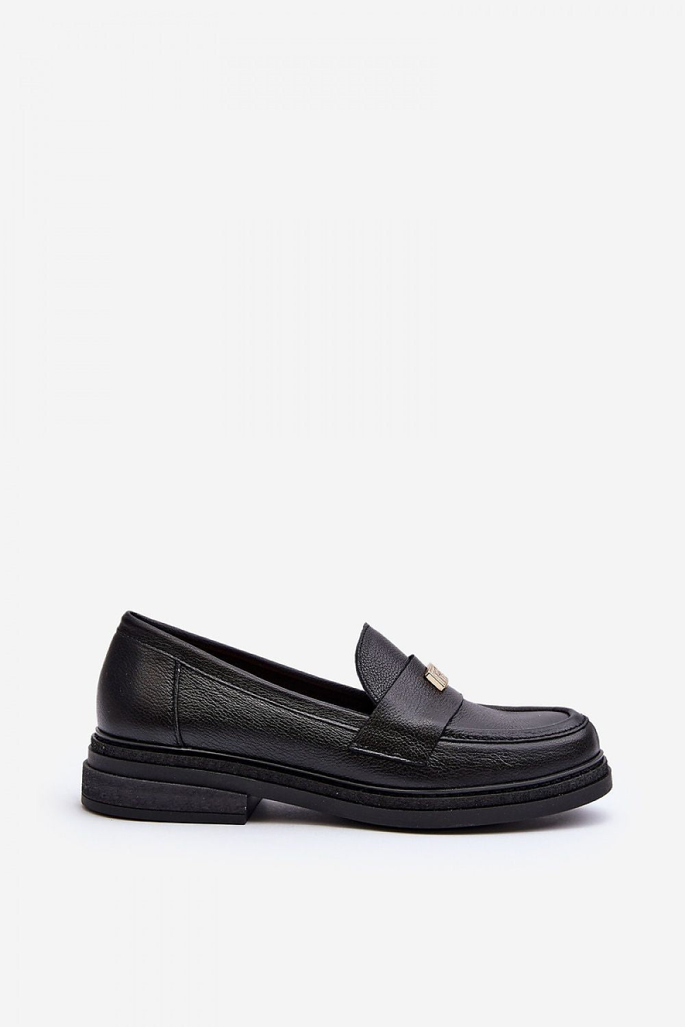 Chic side view of women's black leather moccasins with a padded heel and subtle decoration, perfect for a stylish outfit, by Step in Style.