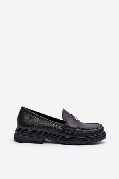 Chic side view of women's black leather moccasins with a padded heel and subtle decoration, perfect for a stylish outfit, by Step in Style.