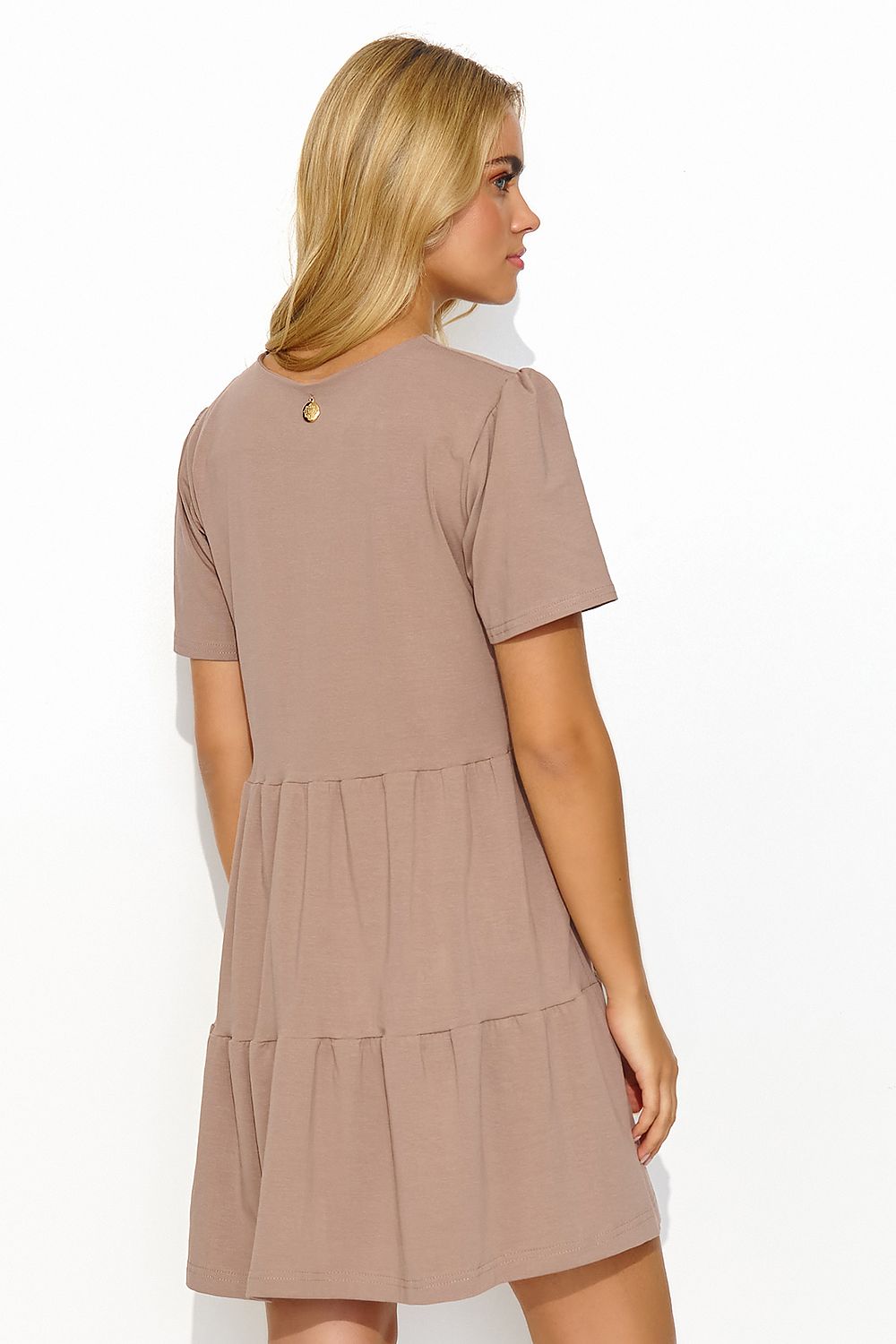 Back of the taupe summer daydress by Makadamia, featuring a unique gold detail for added sophistication, ideal for casual summer wear.