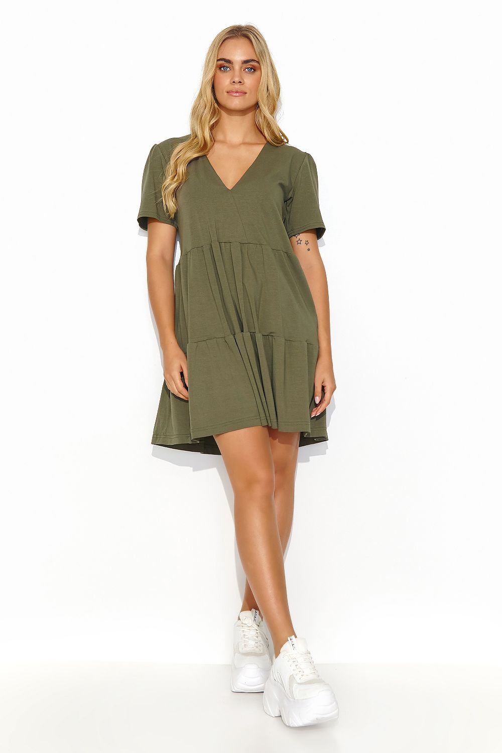 Chic olive green summer daydress by Makadamia, showcasing a flattering tiered design and v-neck, ideal for casual outings.