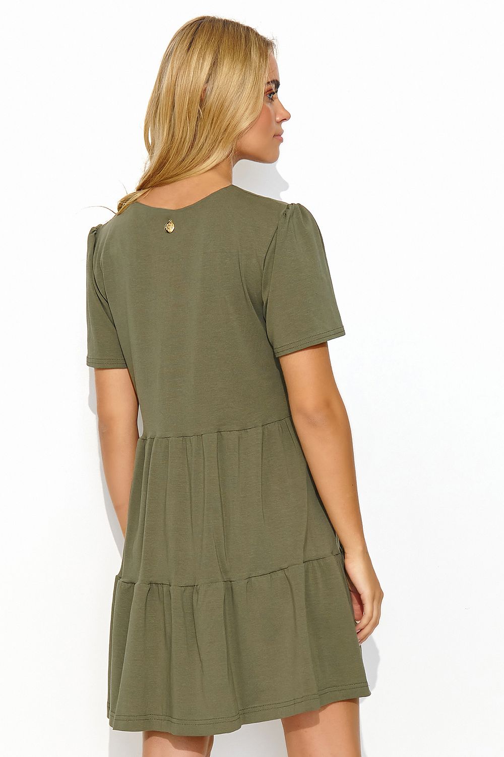 Back view of a sophisticated olive green daydress by Makadamia, displaying elegant short sleeves and a glamorous gold detail.