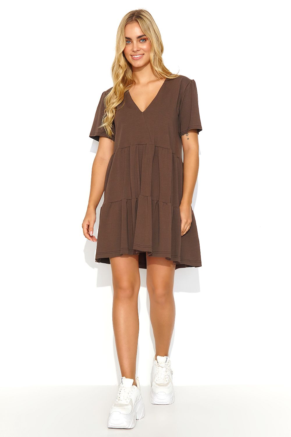 Front view of a luxurious brown daydress by Makadamia, featuring a comfortable tiered design and perfect for summer chic looks.
