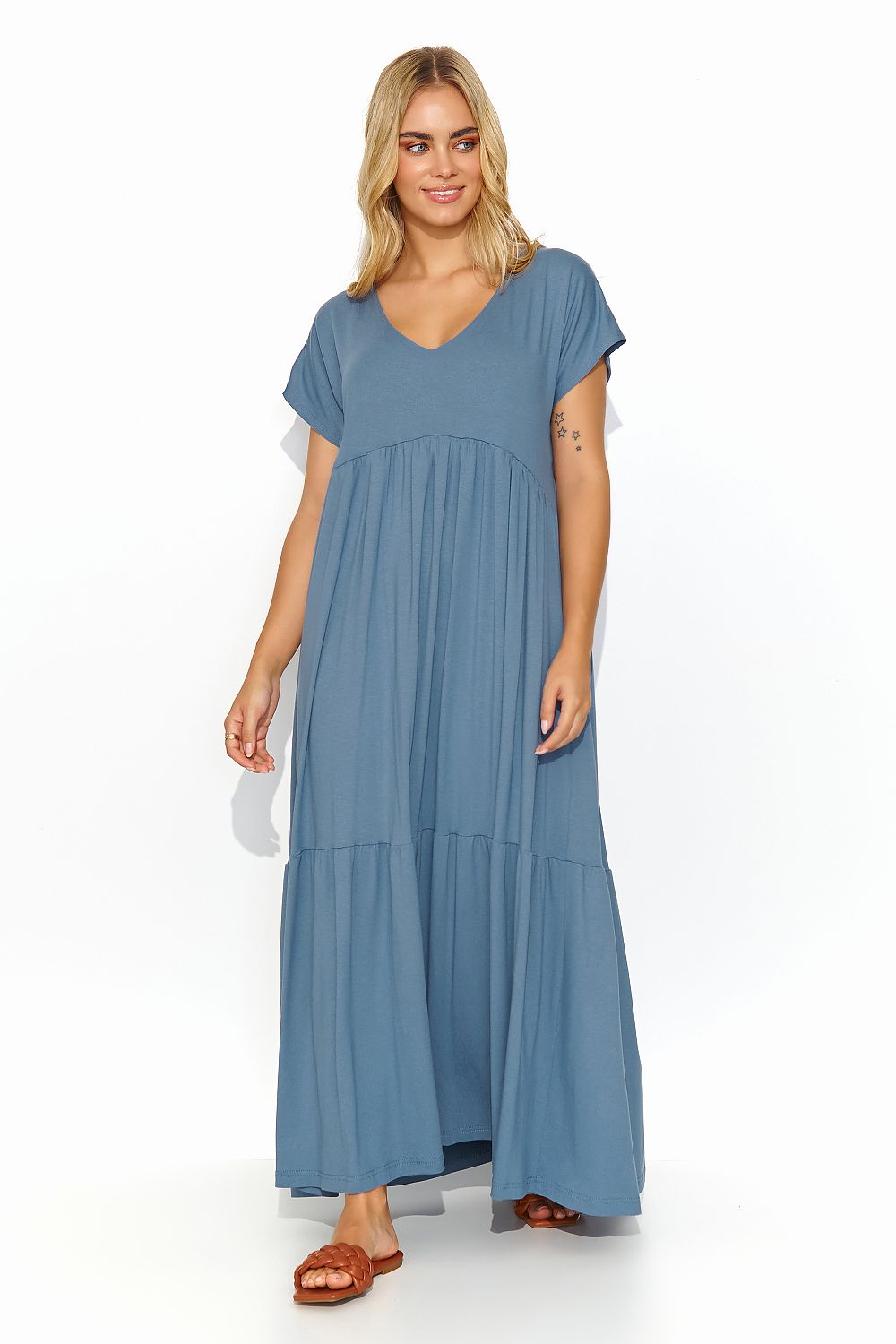 Chic front view of the Makadamia Airy Viscose Maxi Dress in a tranquil blue shade, showcasing its stylish V-cut neckline and relaxed fit.