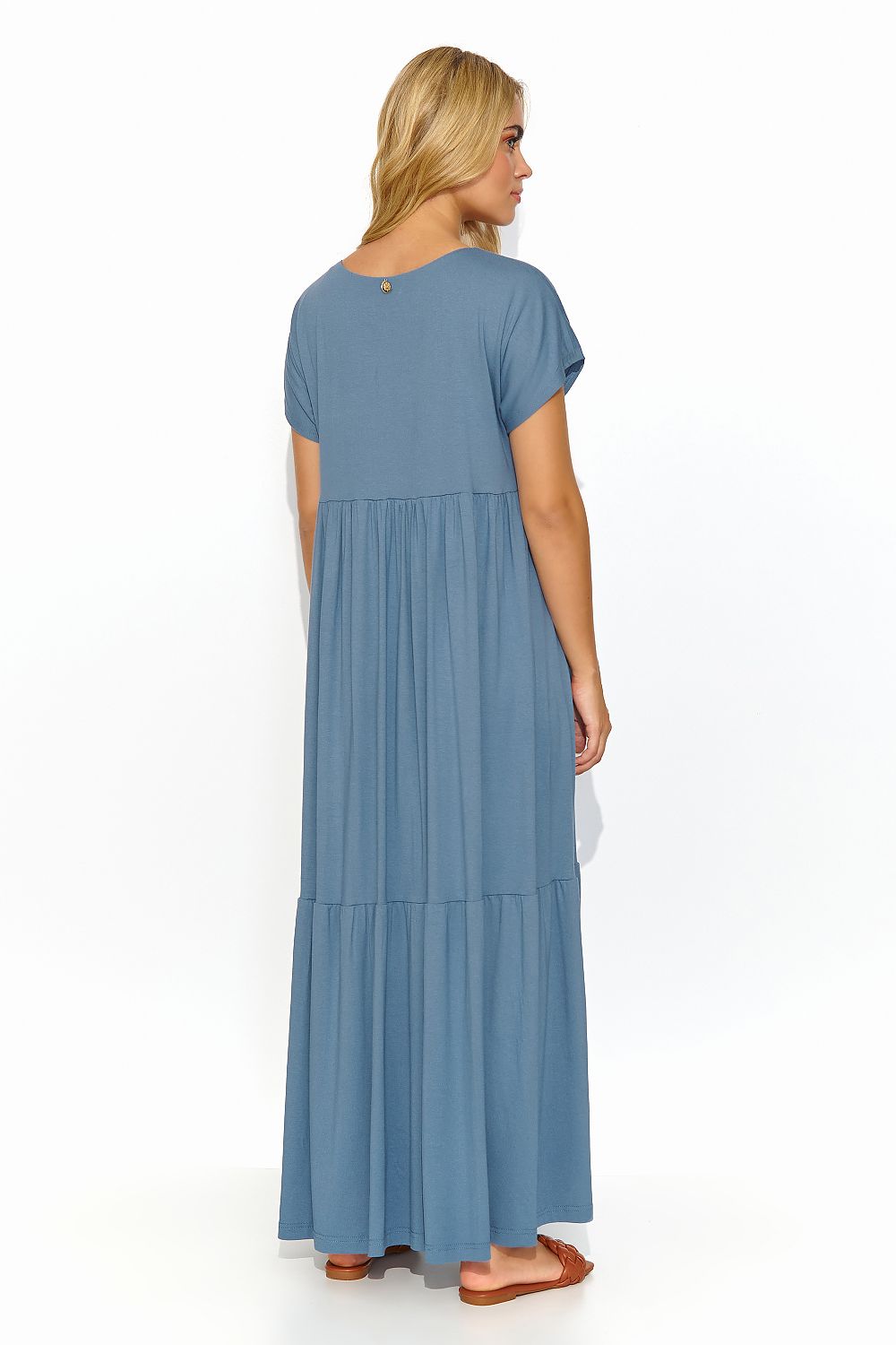 Sophisticated back view of the Makadamia Airy Viscose Maxi Dress in blue, highlighting the minimalist gold-plated detail and flowing skirt.