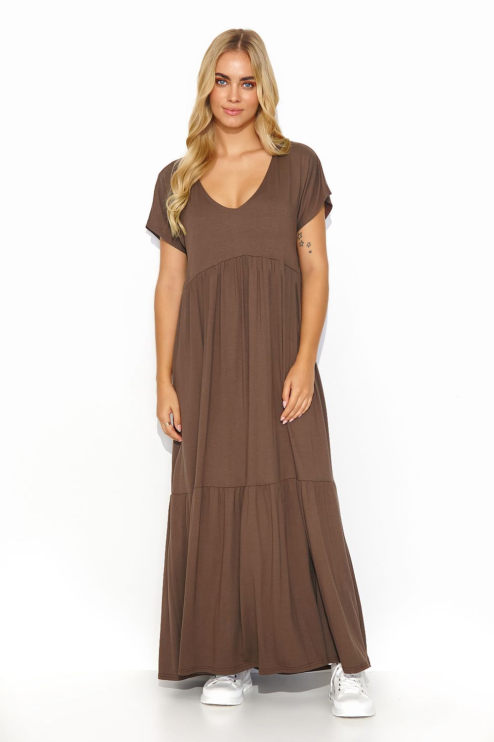 Glamorous front view of the Makadamia Airy Viscose Maxi Dress in a luxurious brown tone, complemented by a flattering V-cut neckline and tiered design.
