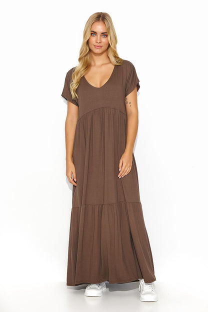 Glamorous front view of the Makadamia Airy Viscose Maxi Dress in a luxurious brown tone, complemented by a flattering V-cut neckline and tiered design.