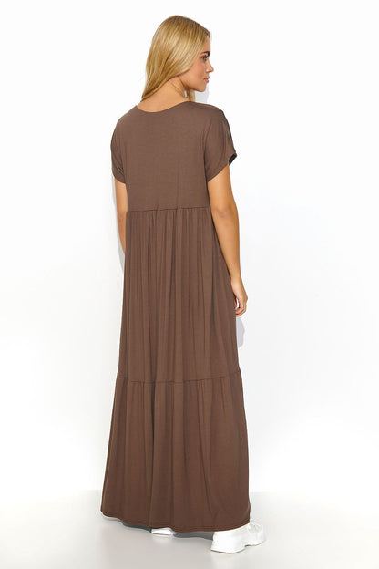 Stylish back view of the Makadamia Airy Viscose Maxi Dress in brown, featuring a relaxed silhouette with elegant tiered detailing.